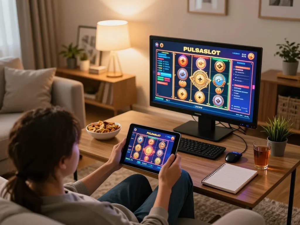 PULSASLOT user engaging in strategic online slot gaming from home with tablet and notes