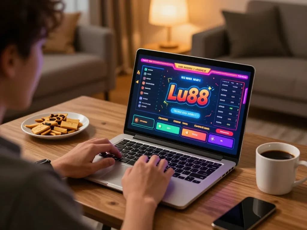 Enthusiast using Lu88 platform for online casino gaming at home with laptop and snacks.