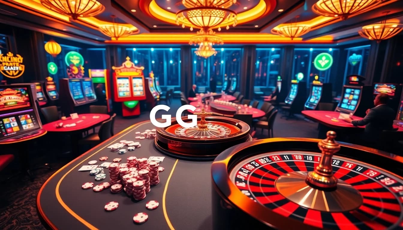 Players enjoying the excitement of games at https://gg88.tech/, with cards, chips, and a roulette wheel featured in a luxurious setting.