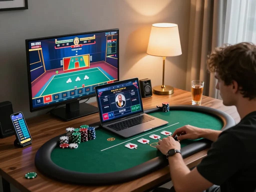 Player engaging in online poker at home using ho88 platform with vibrant gaming setup.