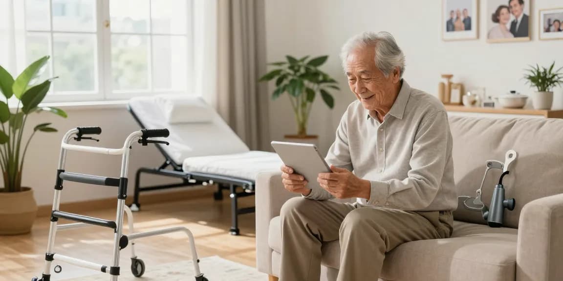 Senior man exploring老人用品 with innovative home products in a cozy living room setting.