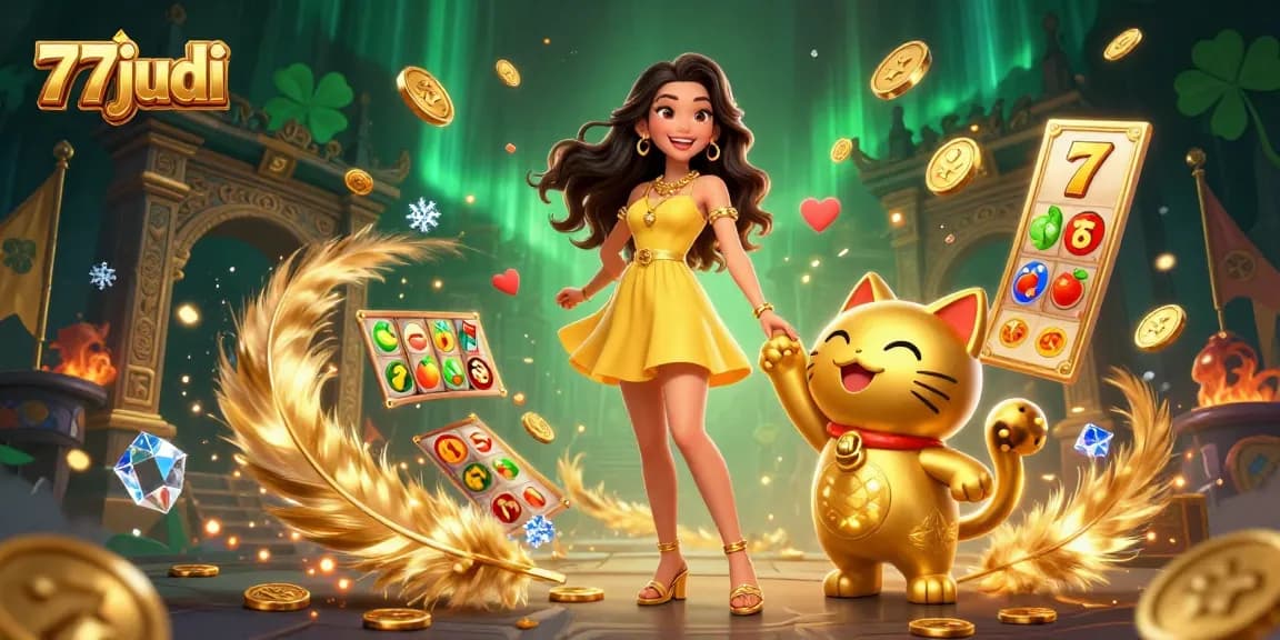 Experience winning moments at 77judi with a cheerful Asian lady and a lucky cat mascot.