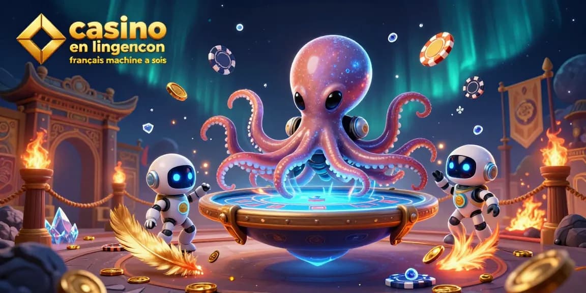 Jouez à un casino en ligne français avec des machines à sous représentant un poulpe extraterrestre et un robot, entouré de jetons.