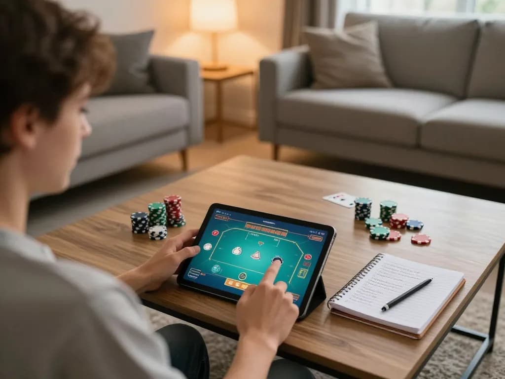 Person playing poker on tablet at home, showcasing 79club gaming experience in a cozy setting