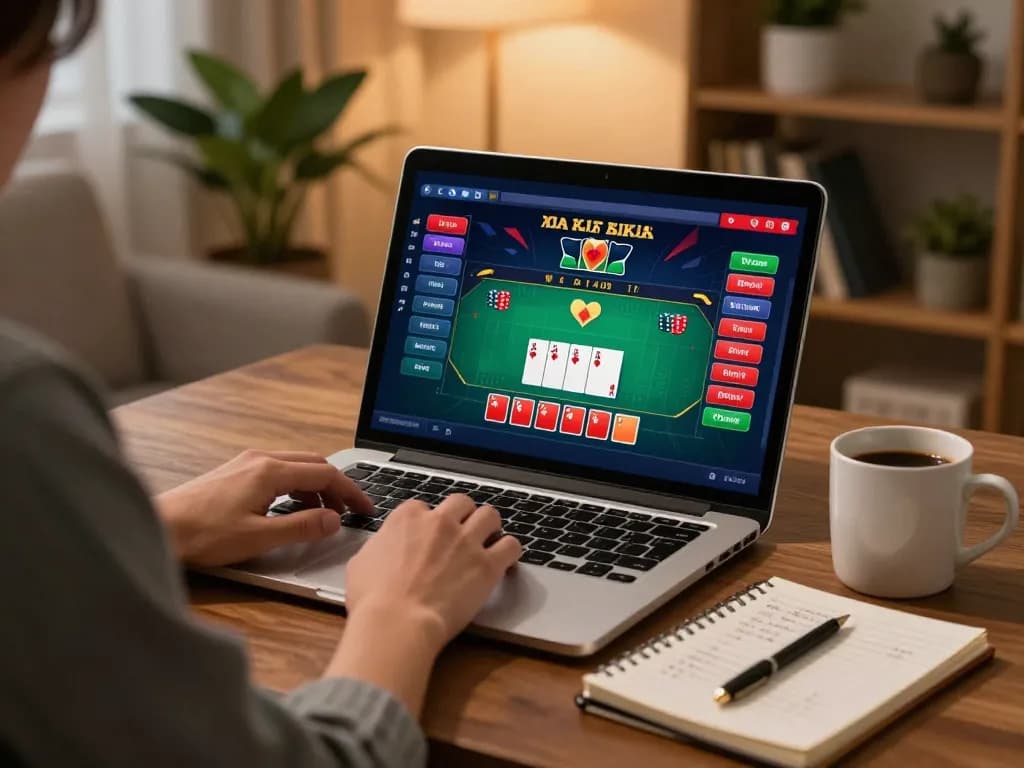 Player using laptop for HO88 online casino gaming with betting strategies on display.