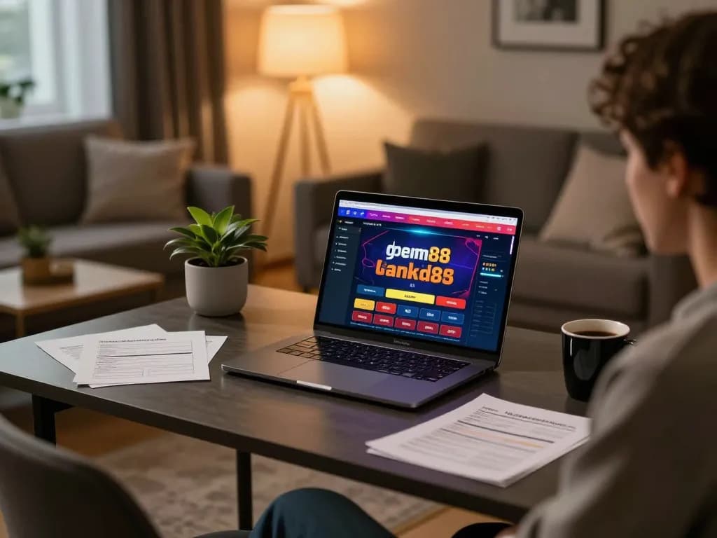 A player engaging with the gem88 online casino interface on a laptop, promoting responsible gaming.