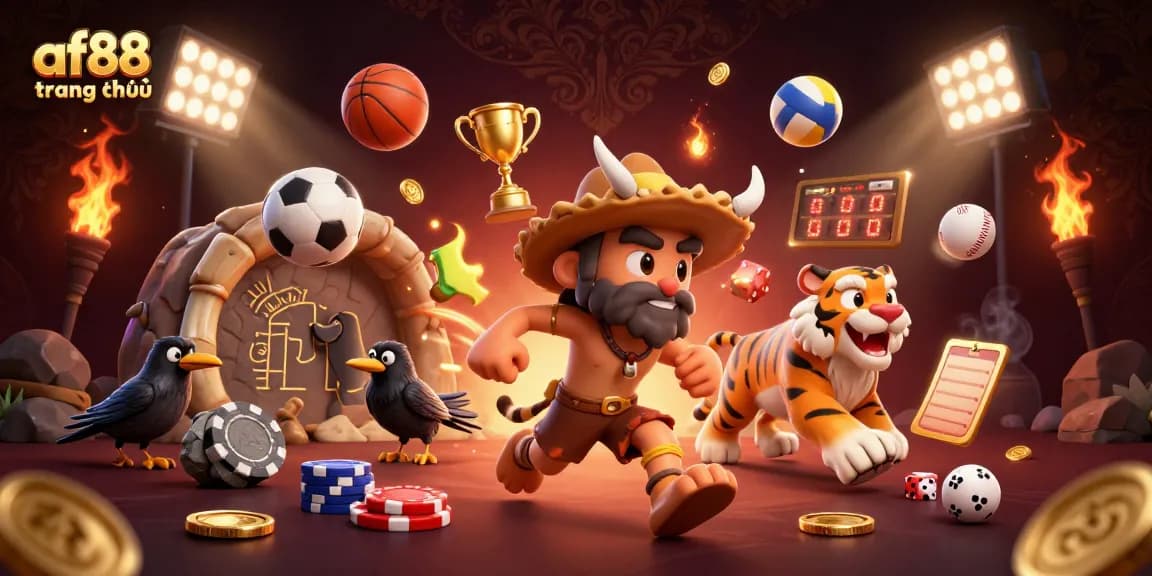 Experience thrilling gameplay at af88 trang chủ with a vibrant prehistoric casino scene featuring cavemen and sports elements.