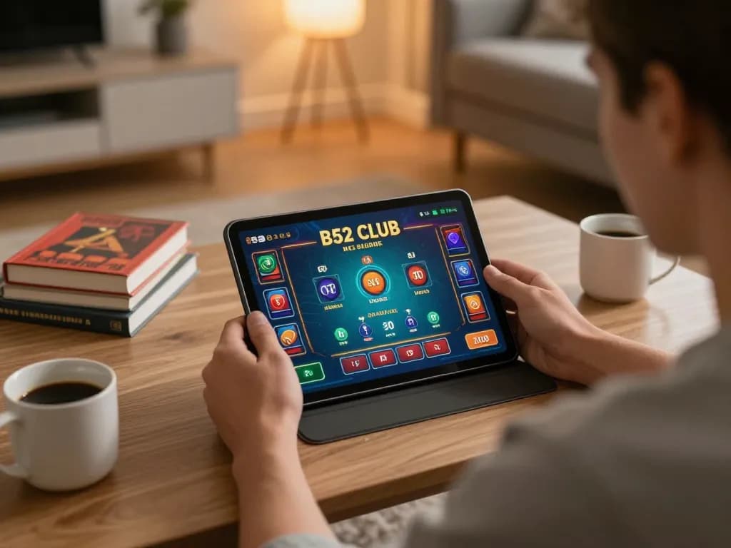 B52 Club player engaging with mobile gaming app in a cozy home setup, enjoying strategic gameplay.