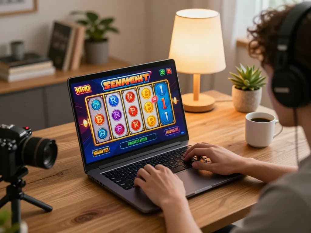 Engage with sv368 slots on a laptop in a cozy home setting, enjoying online gambling responsibly.