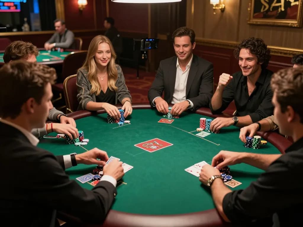 C168 poker room with players engaged in a thrilling game, celebrating wins and strategic gameplay.