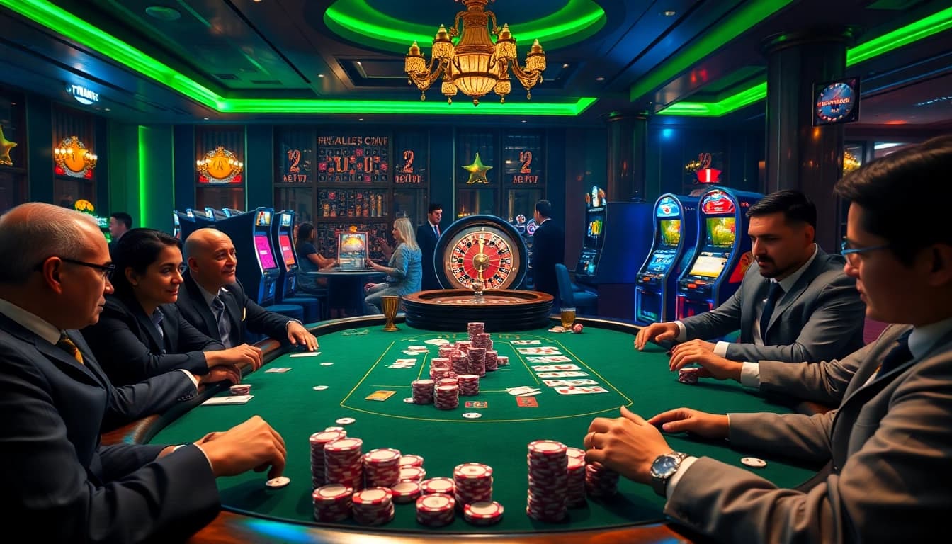 A thrilling poker game scene with professionals and colorful chips, alluding to lk21 indoxxi.
