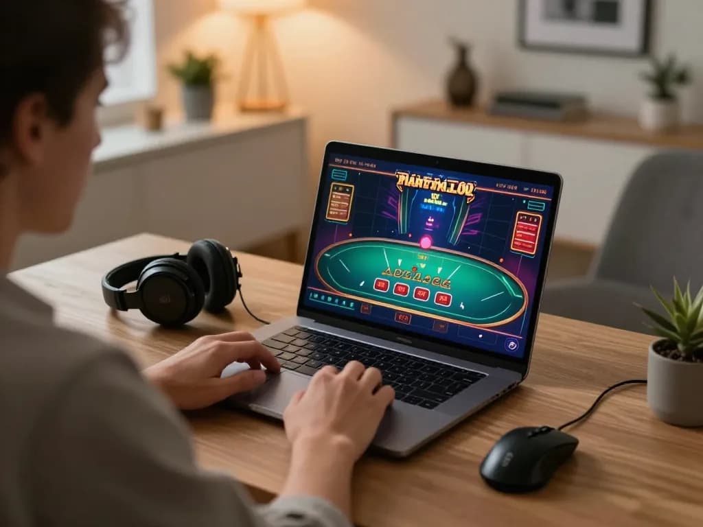 Playing bet88 live dealer blackjack on a laptop in a modern home office setting.