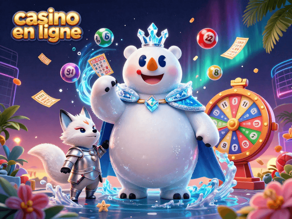 Des jeux de casino en ligne sont présents avec des ours polaires et des renards animés dans une scène festive.