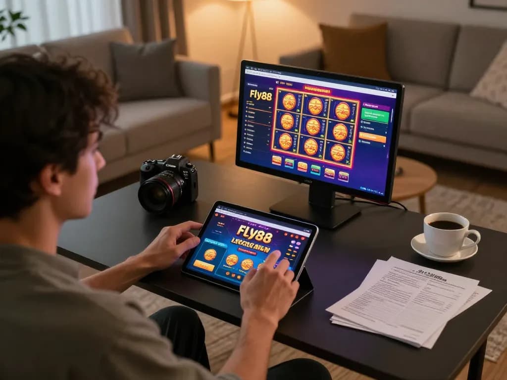 Engaging online gaming experience with Fly88 app on a tablet in a cozy home setting