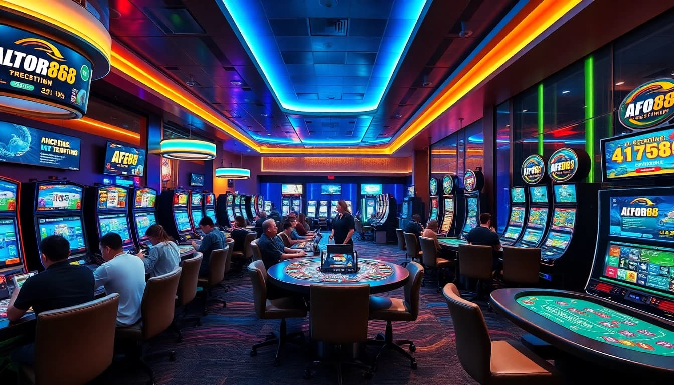 AF88 casino gaming experience with vibrant tables, players, and LED lighting.