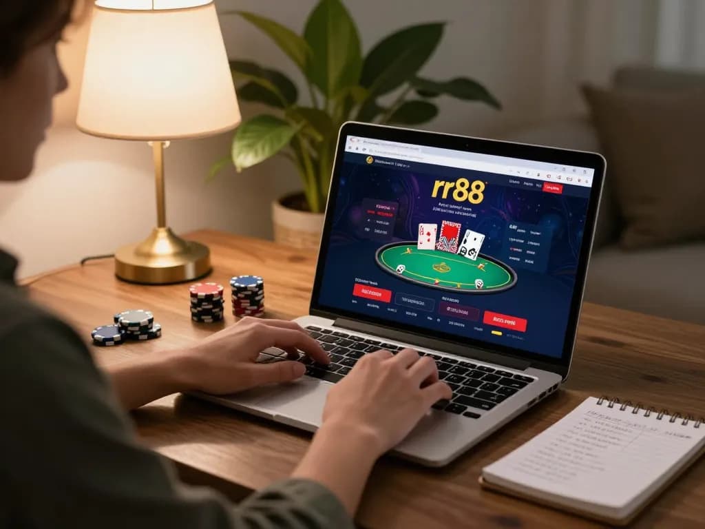 Engaging with rr88 online casino on laptop, showcasing poker game interface and betting strategies.