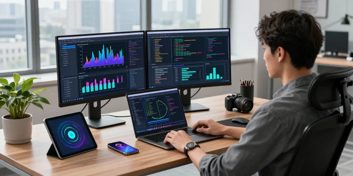 快连 technology enhancing productivity in a modern office setup with dual monitors and ergonomic design.