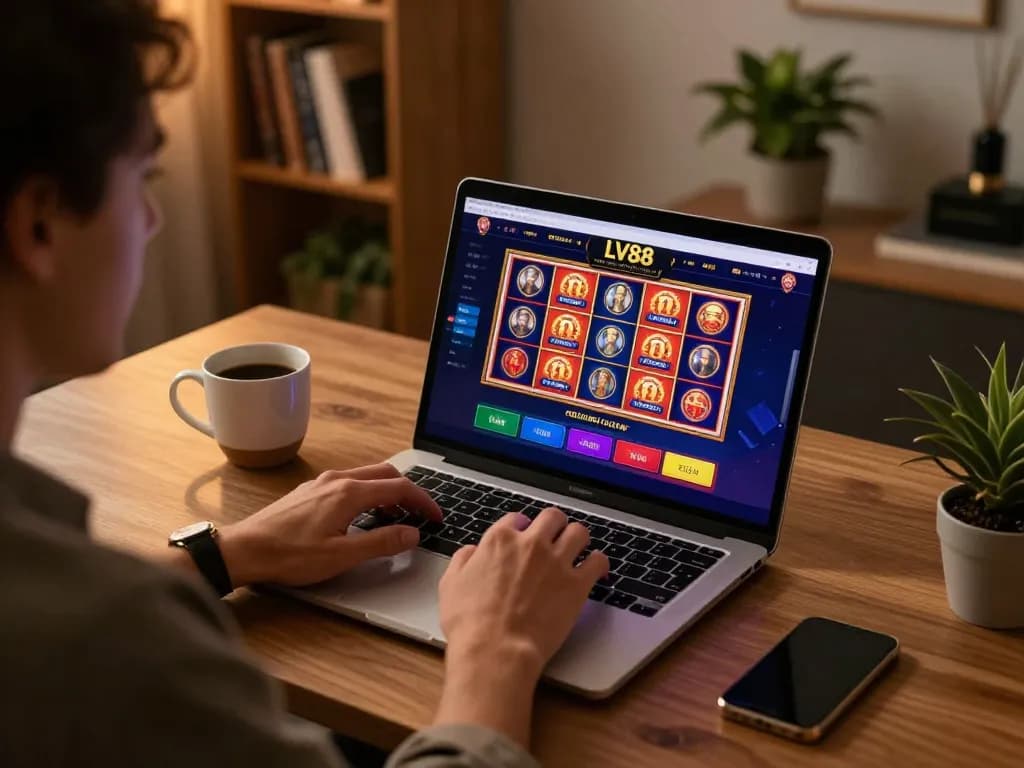 Player engaging with LV88 online casino on laptop in a cozy home office setting