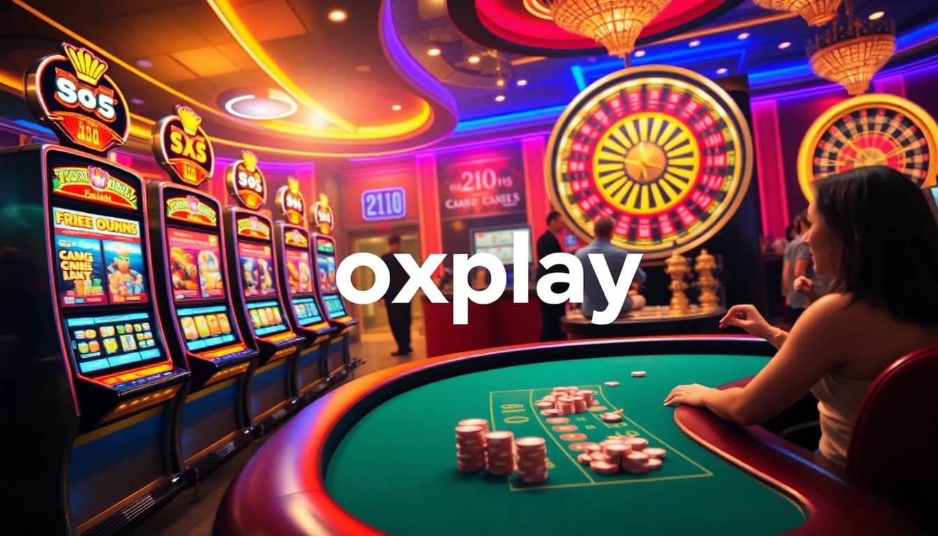 Engaging scene of players enjoying oxplay slot machines in a vibrant casino setting.