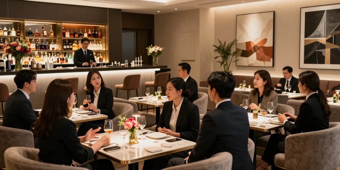 강남쩜오에서 프리미엄 라운지의 고급스러운 만남과 소통을 즐기는 장면