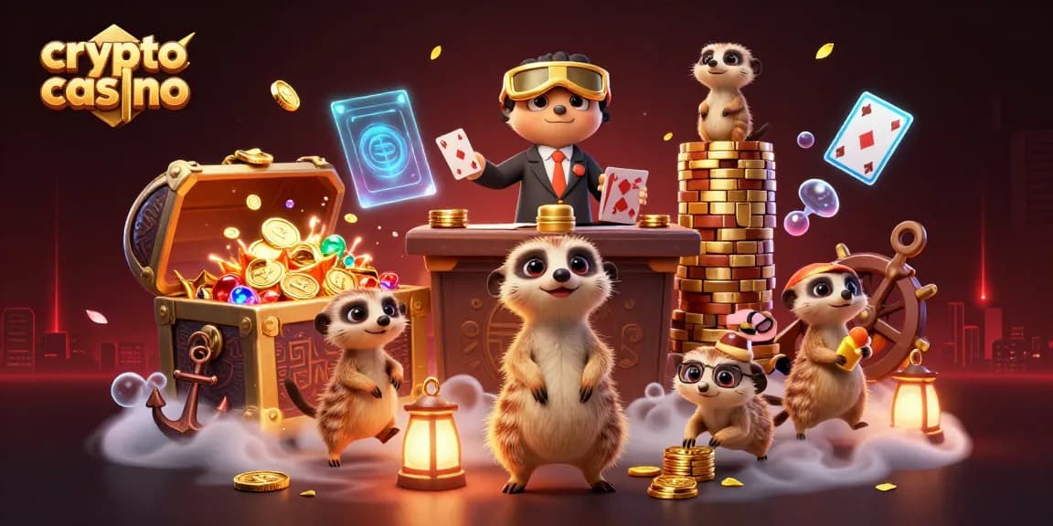 Jouez dans un casino crypto où des suricates gèrent des jeux palpitants avec des éléments blockchain et des pièces dorées.