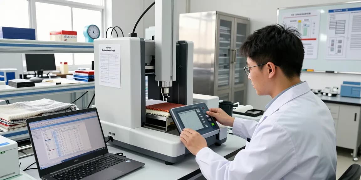 Textile tensile testing equipment in an advanced lab, technician calibrating SmartPull Tester amidst fabric samples and data reports.