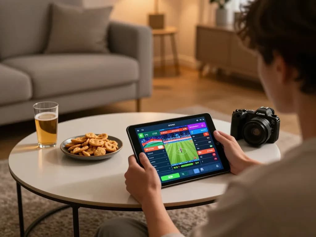 Sports betting on okwintv tablet showcasing betting options and event highlights in cozy setting