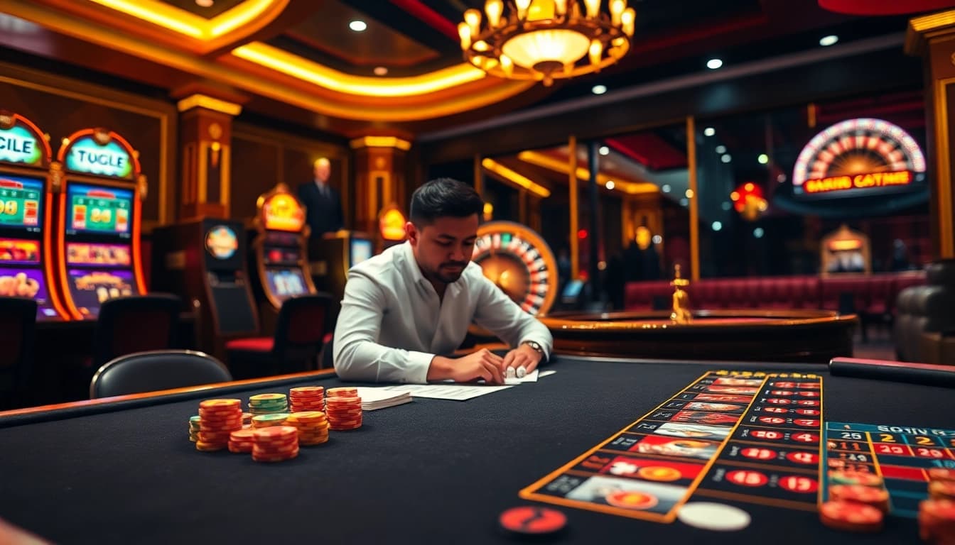 Players engaging with gtatogel at a luxurious casino table with vibrant chips and betting slips.