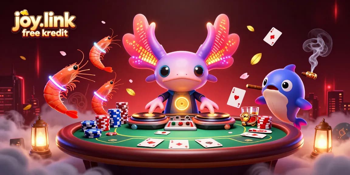 Engage with joy.link free kredit at a vibrant poker scene featuring colorful characters and game elements.