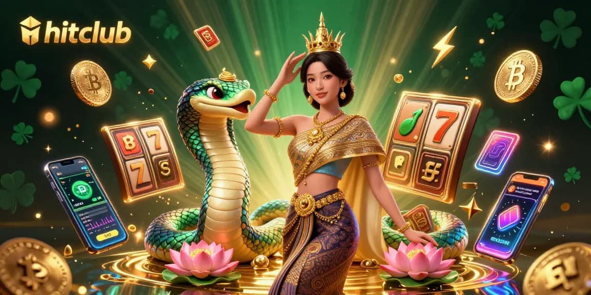 Engage with hitclub's vibrant 3D illustration of gambling excitement including slot reels and cryptocurrency elements.