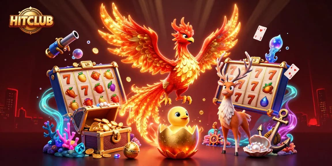 HITCLUB slots illustration showcasing dynamic gameplay with vibrant fire phoenix and gold coins.
