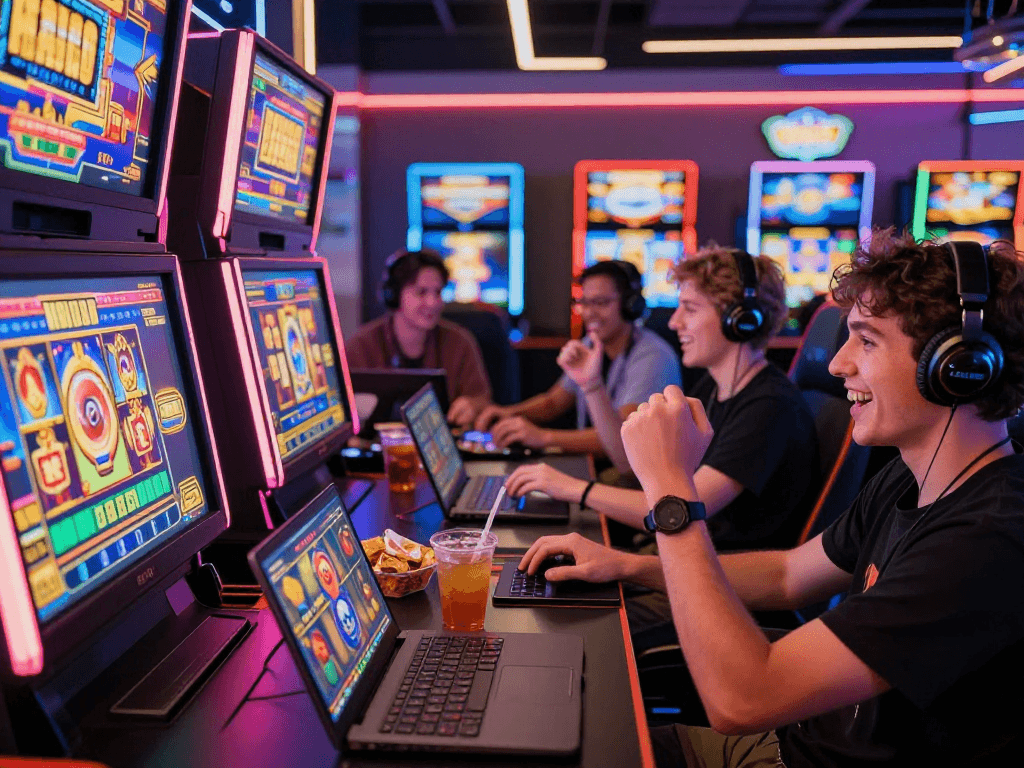 Excited players celebrating wins on slot gacor games in a lively online gaming environment.