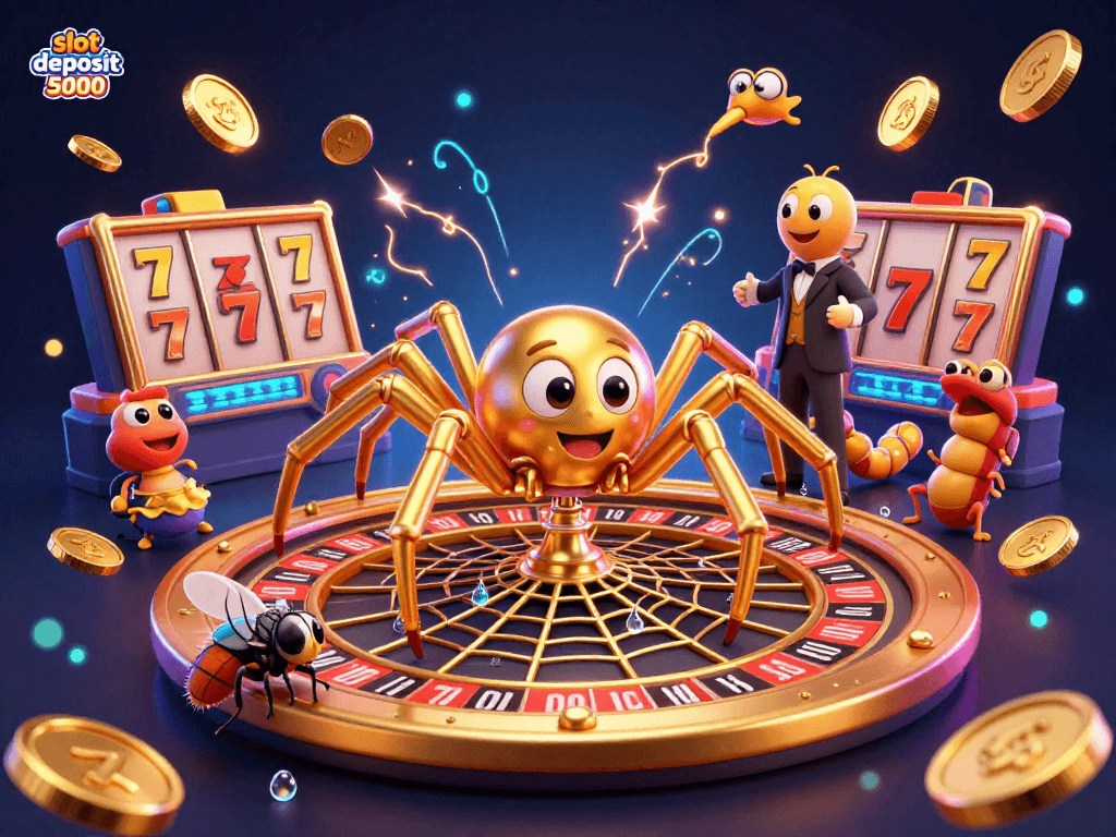 Experience the excitement of slot deposit 5000 with a golden spider spinning a roulette wheel web, emphasizing gambling strategy.