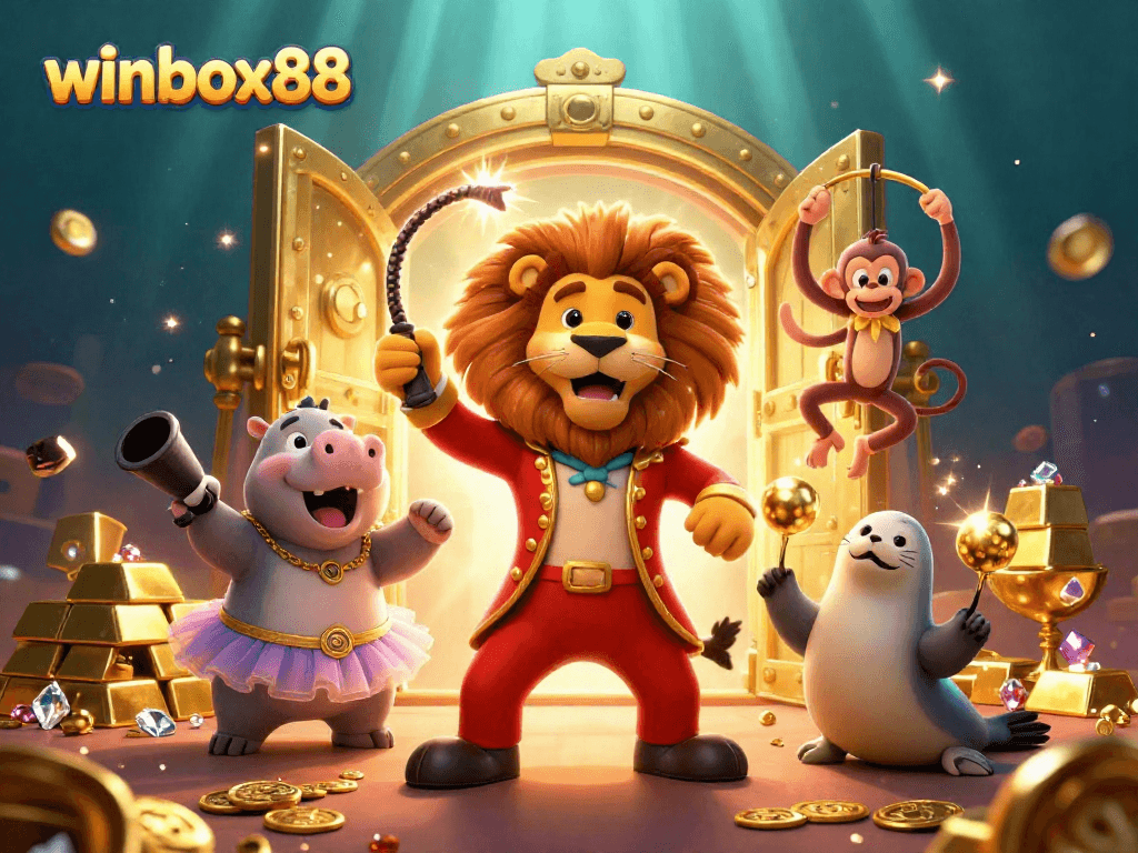 Experience winbox88 with excitement as cartoon characters celebrate big wins at an online casino.