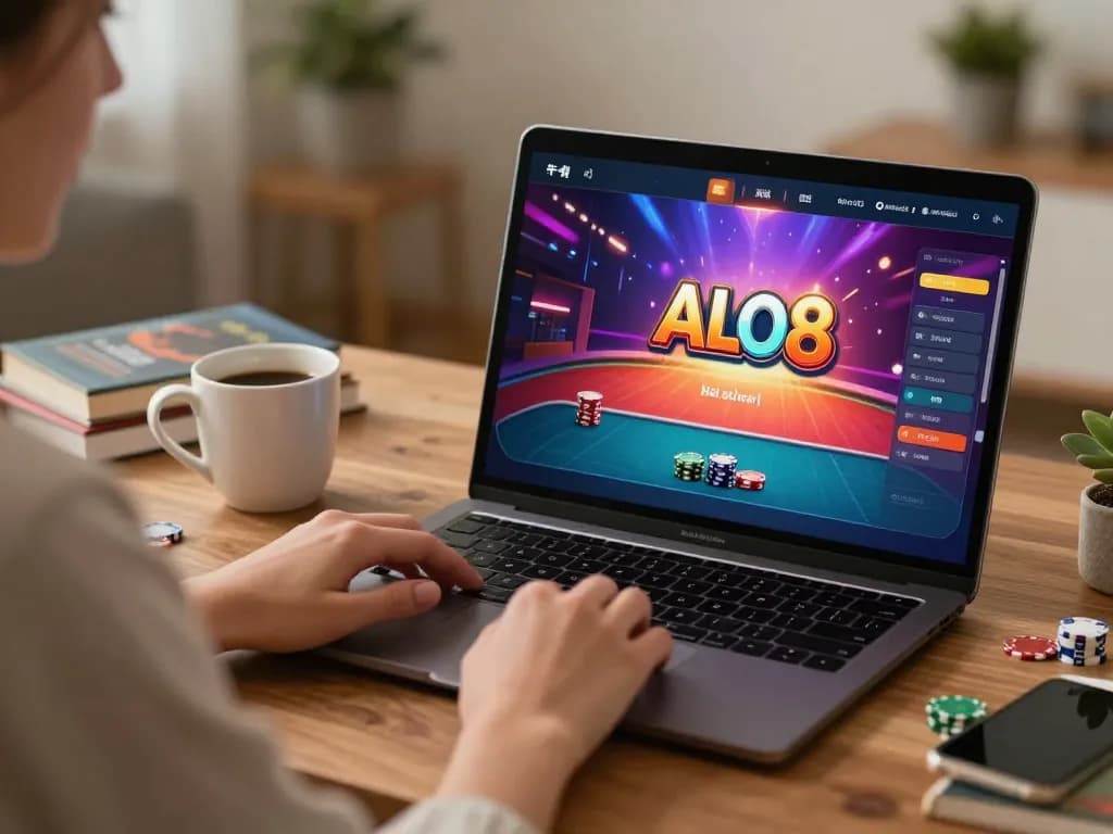 Alo8 player engaged in online poker game with vibrant screen graphics in cozy home setting.