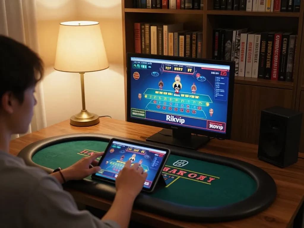 Baccarat thông tấn Rikvip session on a tablet, showcasing an engaging online gambling experience
