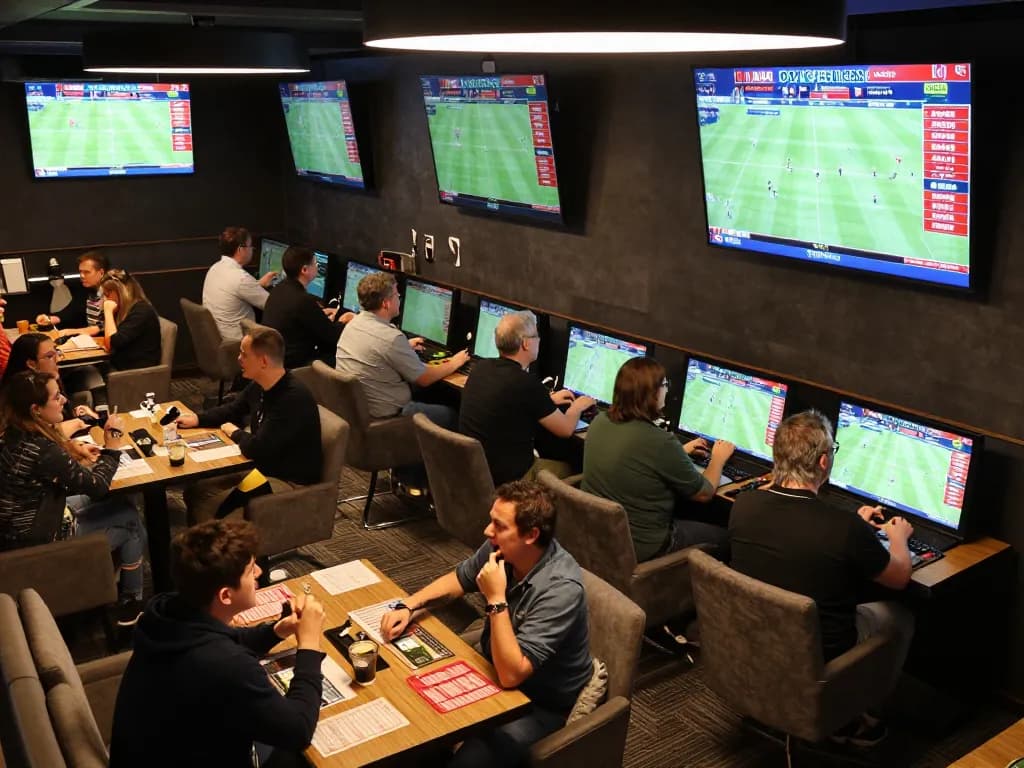 Excited bettors at Jun88 engaging in sports betting strategies while cheering live match moments