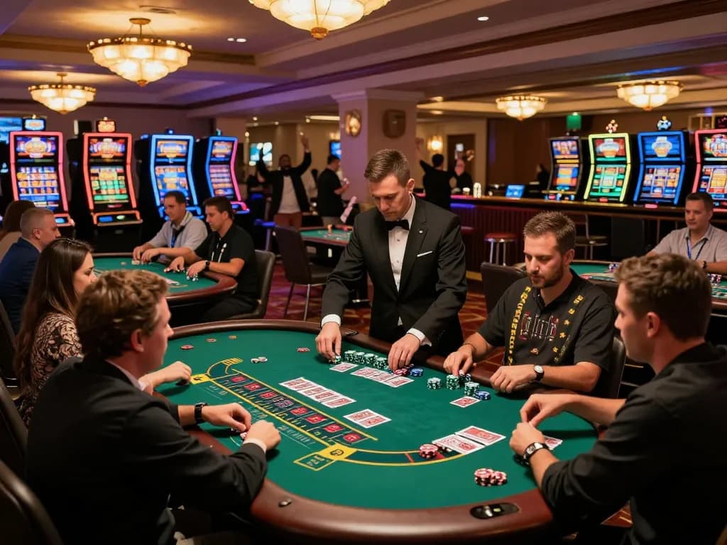 Players enjoying a thrilling blackjack game at the Sunwin casino floor, with vibrant atmosphere and engaging gameplay.