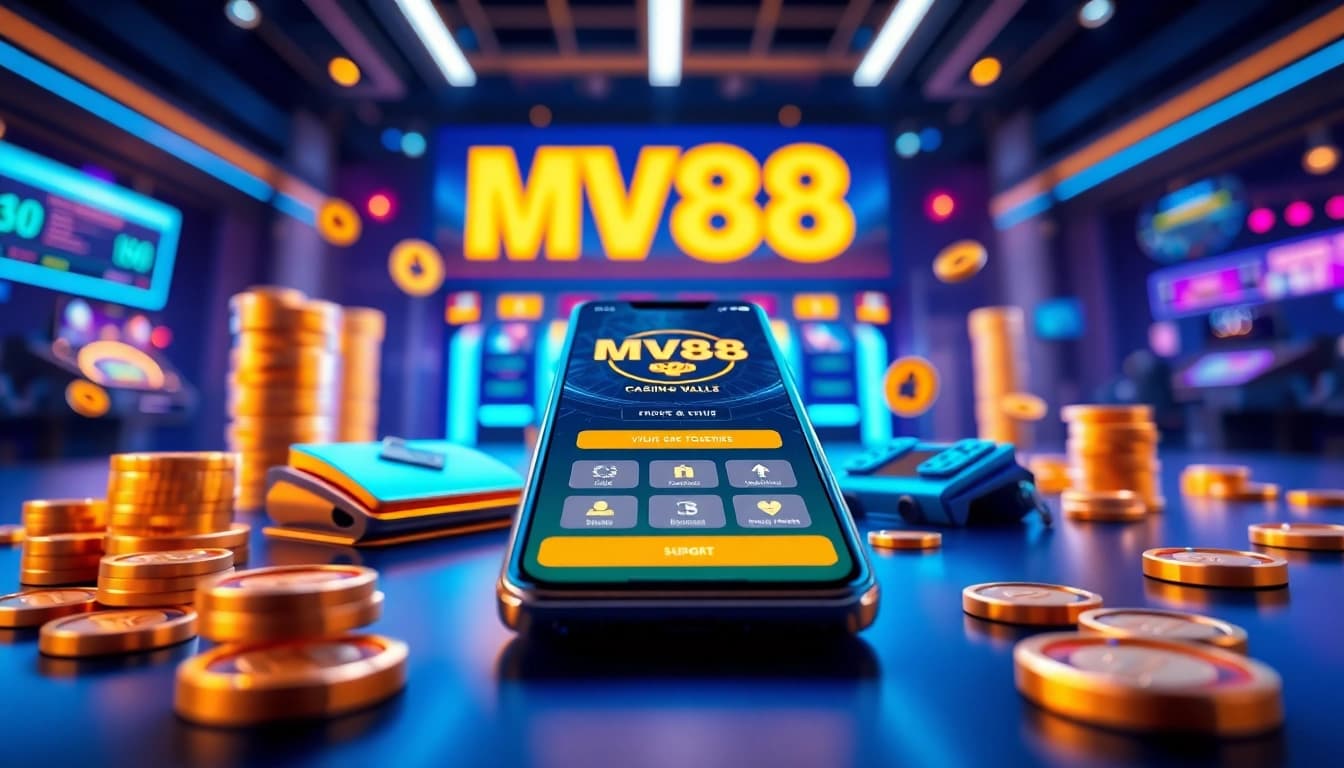 MV88 mobile app interface on a smartphone, showcasing digital casino features and secure transactions.