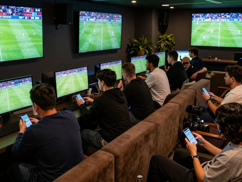 SOCOLIVE patrons actively placing bets during a live soccer match with multiple screens showing game action