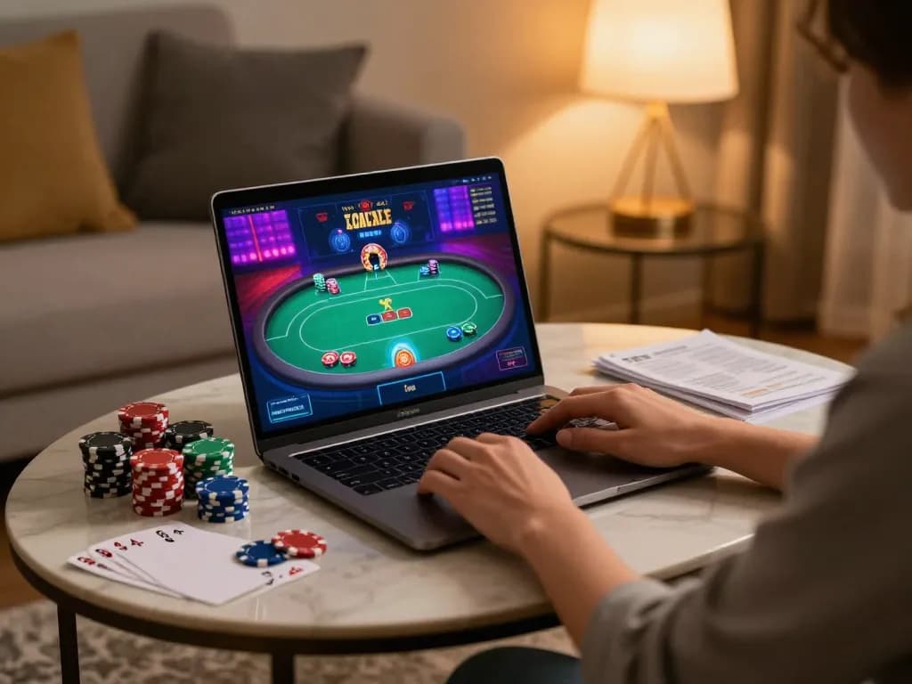 Player engaging with LU88 online poker game from home, illuminated laptop and chips visible