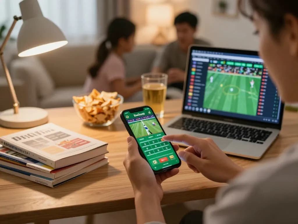 Engaging in sports betting on the NHÀ CÁI DABET app in a cozy home setup, showcasing excitement.