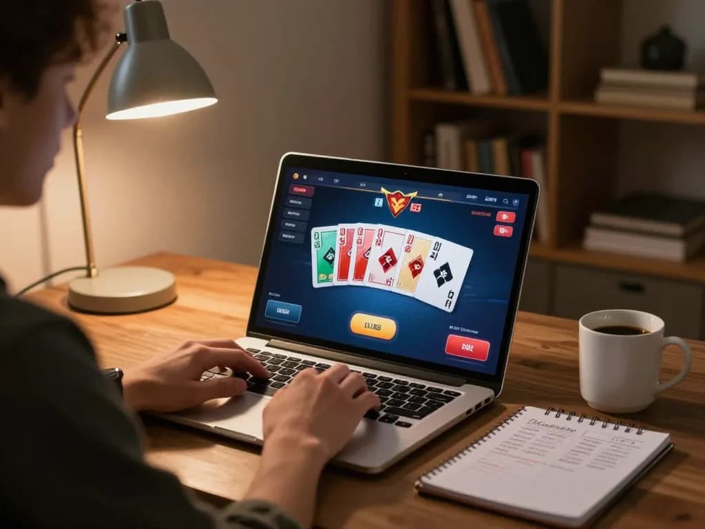 Giới thiệu NET88 with engaging online poker gameplay on a laptop in a cozy home setting