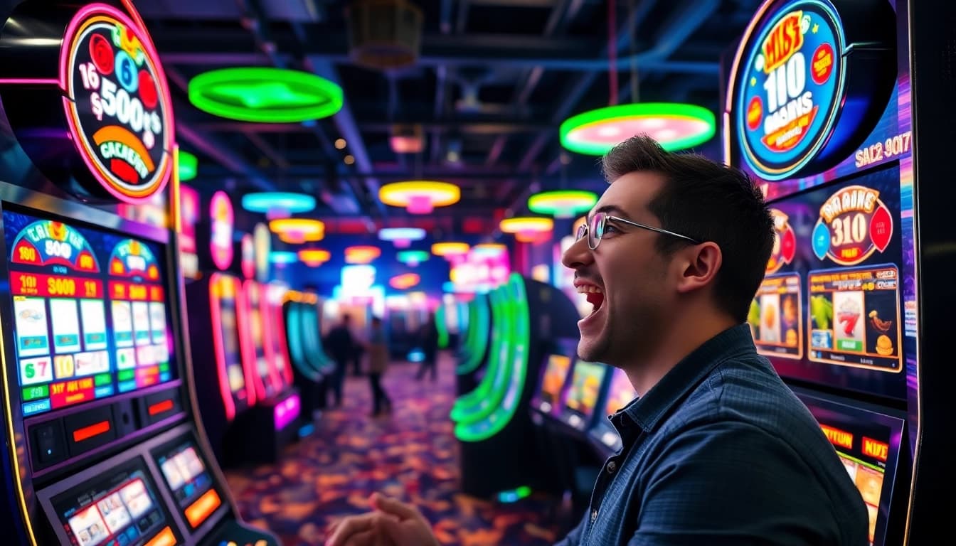 Menangkan permainan slot deposit pulsa dengan suasana kasino yang ceria dan penuh warna.
