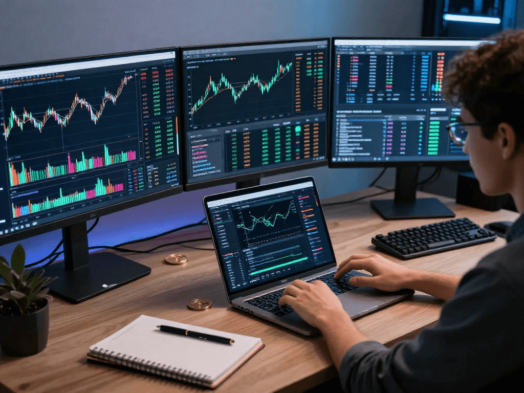 metatrader 5 官网 在现代化的交易工作区，显示加密货币图表和投资策略的高级交易环境。