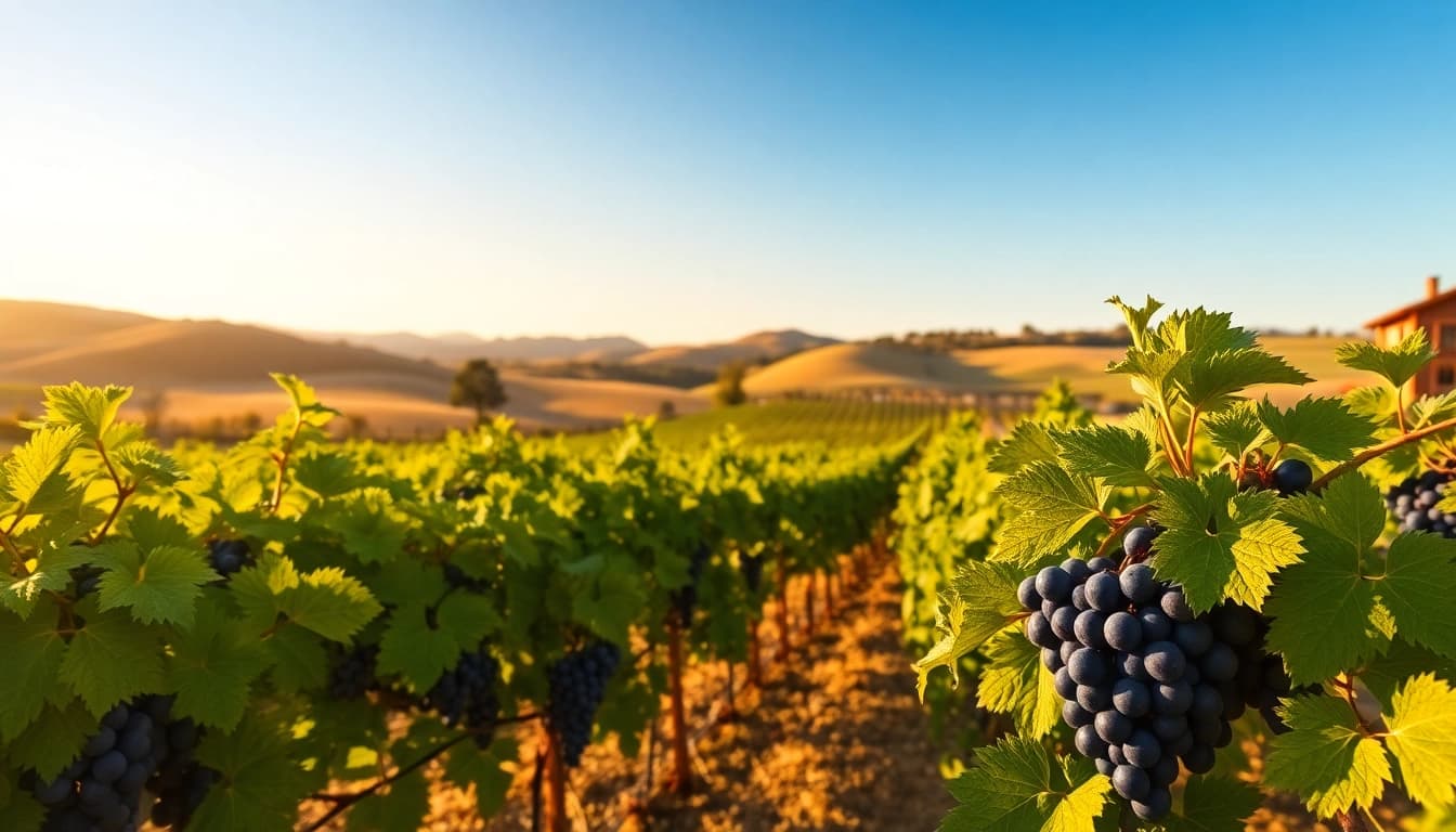 View of Clarksburg wines vineyard showcasing lush grapes and rustic barrels.
