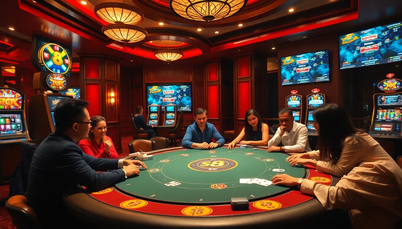 Exciting poker game at a luxurious casino showcasing s8 com betting options.
