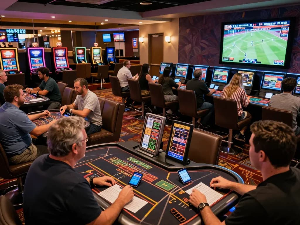 Siti scommesse stranieri displayed on large screens as excited bettors engage in sports betting.