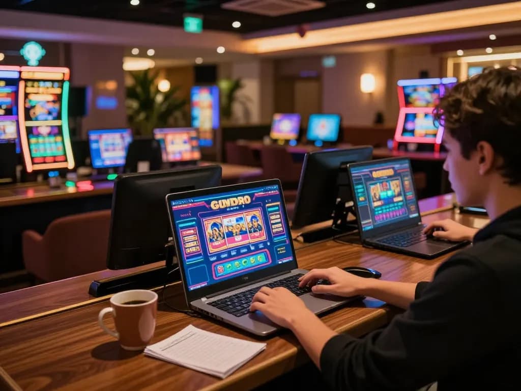 Engaging in an online casino game at home with 888b laptop setup, showcasing strategic gaming atmosphere