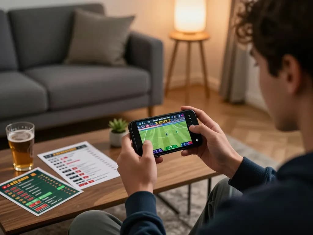 Fun88 user placing live sports bets on smartphone in a cozy home setting.